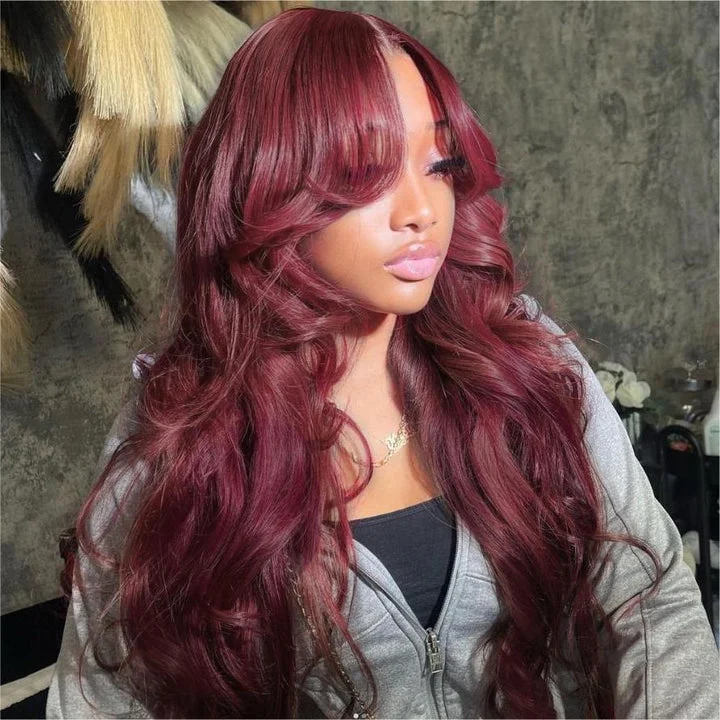 13x4|13X6 Lace Front Curtain Bang Prestyled Burgundy Human Hair Wig