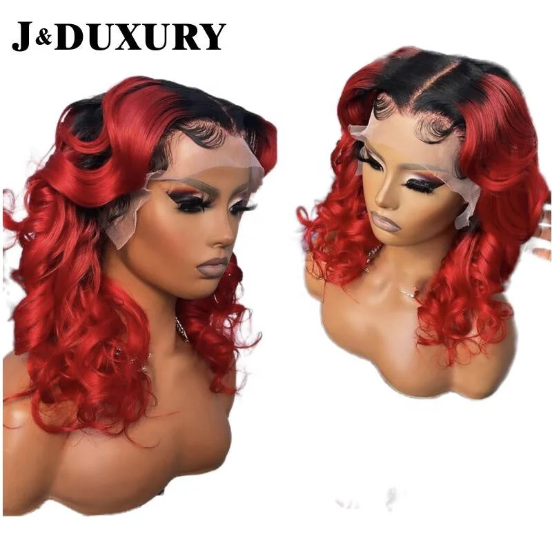 2 tone ombre red colored human hair 13x4 lace frontal wigs for black women 4x4 transparent human hair closure wigs