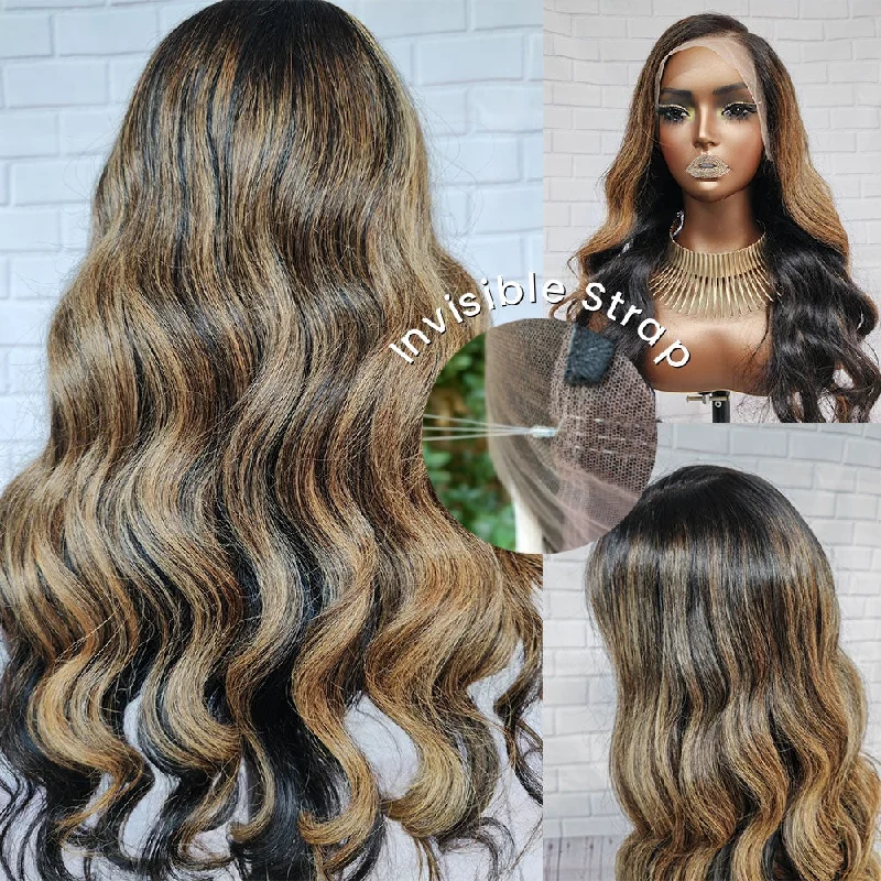 360 Lace Invisible Strap 250% Human Hair Lace Wig Ombre Highlight Body Wave