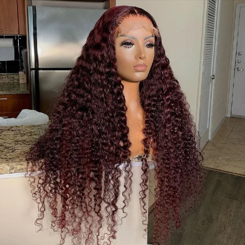 99J Burgundy Transparent 5x5 Lace Closure Wigs Deep Wave With Pre Pluck Brazilian Human Hair Lace Front Wigs