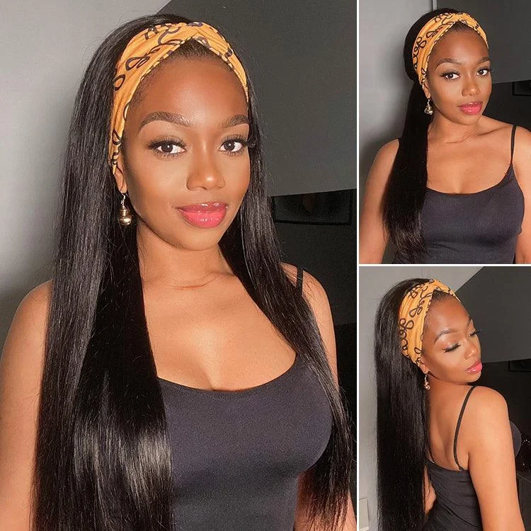 Put On & Go Silky Straight Headband Wig Beginner Friendly 100% Human Hair (Get Free Trendy Headbands)