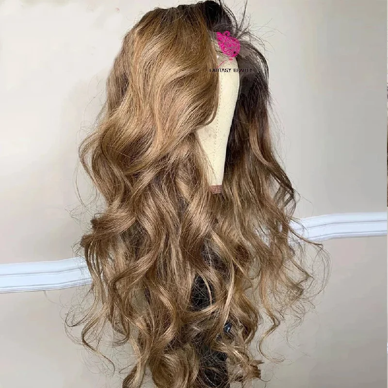 Body Wave Ombre Colored Human Hair Wigs Pre Plucked Brazilian Brown Ash Blonde 5x5 Lace Closure Wig Loose Wave With Baby Hair