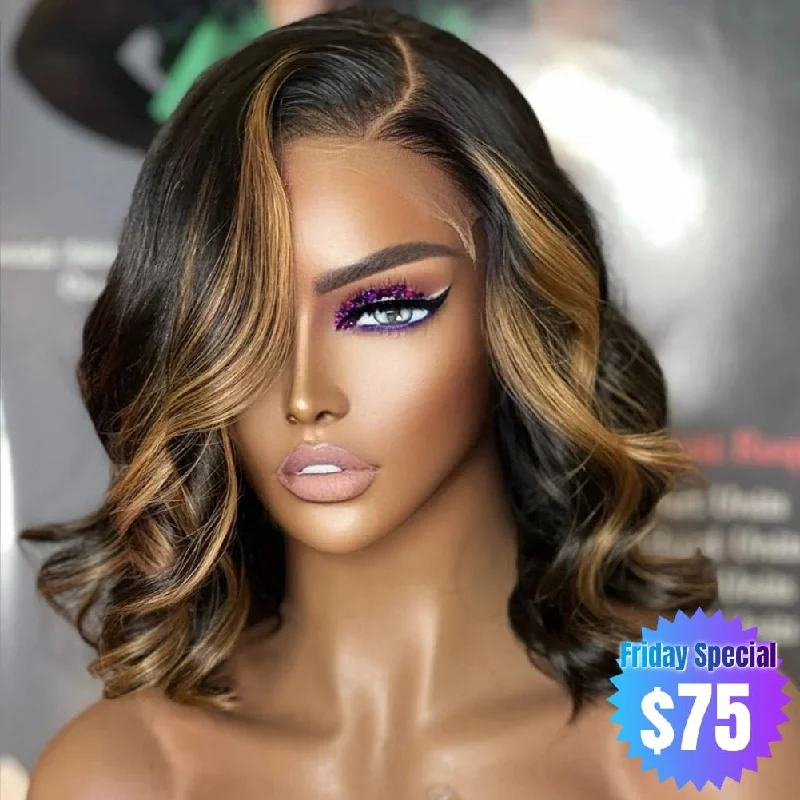 【Friday Special】Keisha | Honey Blonde Highlight  Virgin Human Hair Wavy Bob Lace Wig