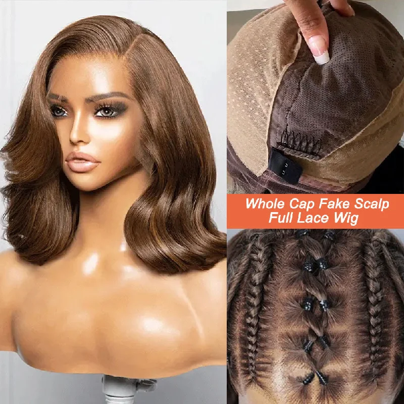 Full Lace Fake Scalp Free Parting Preplucked Human Hair Light Brown Yaki Bob Wig