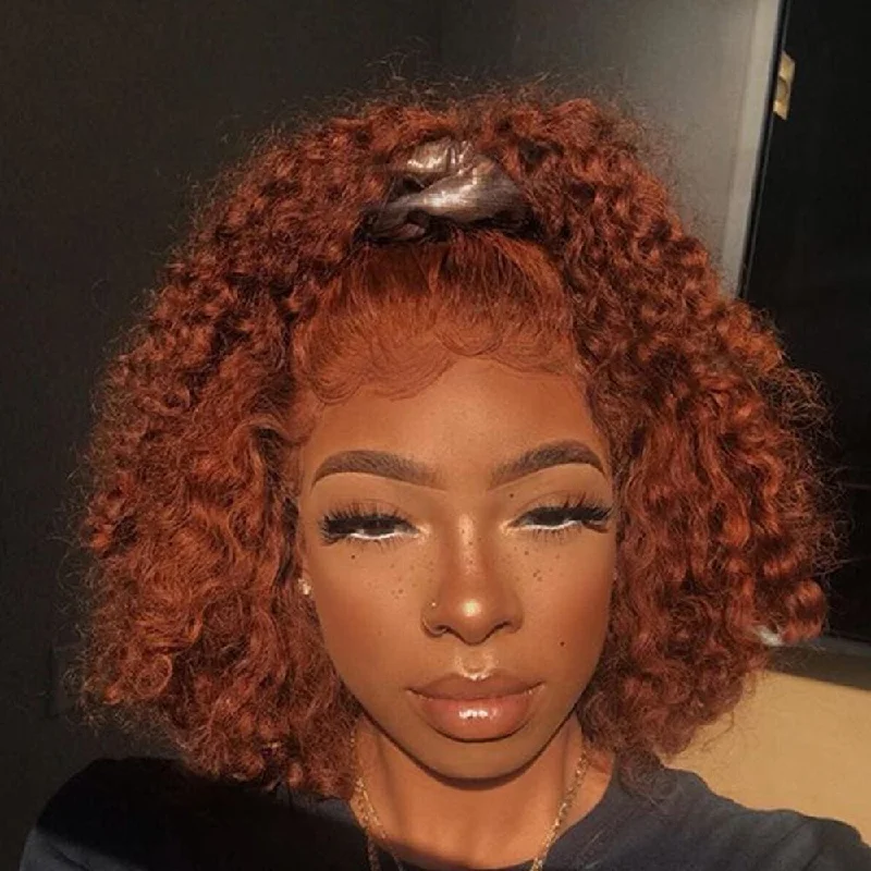 Ginger Orange Human Hair Lace Wig Colored Curly BOB  Wigs