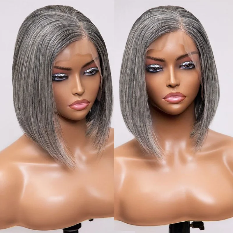 Grey Bob Salt and Pepper Virgin Human Hair Lace Front Bob Frontal Wig