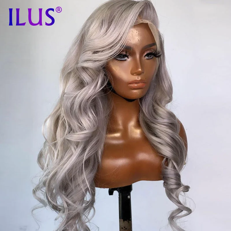 Hot Sale Free Shipping 13x4 Lace Front Human Hair Wigs For Black Women 30Inch Body Wave Silver Gray Colored HD Lace Frontal Wigs