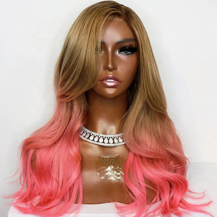 InvisHair Wigs Human hair lace Front Ombre Honey Brown with Pink color 13*6 13*4 Lace Front Human Hair Wigs