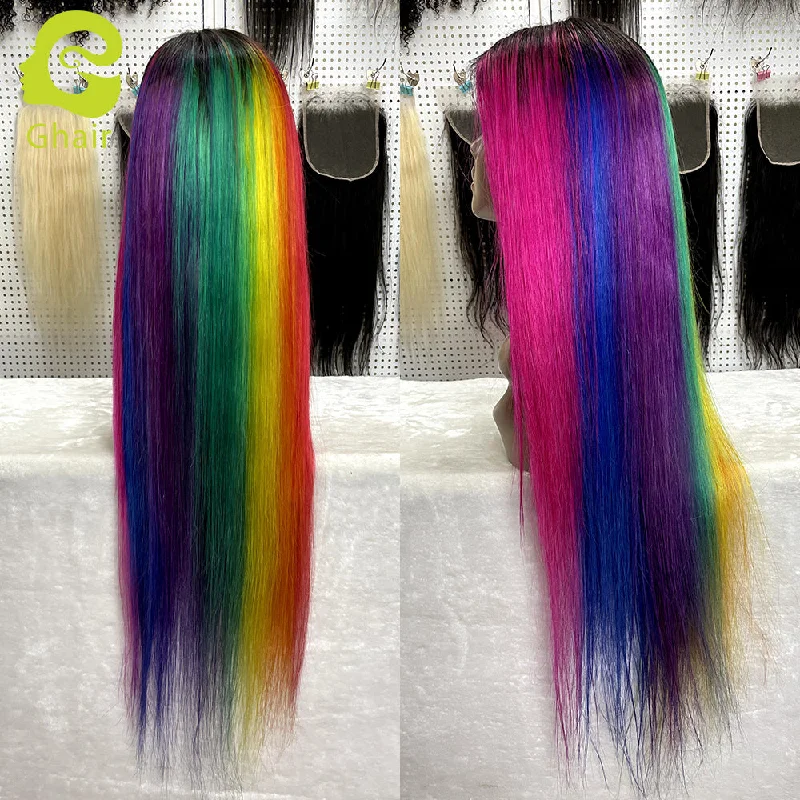 Rainbow new design human wig Raw Brazilian Cuticle Aligned Hair Lace Closure Wig 4x4 Lace Closure Wig Vendors