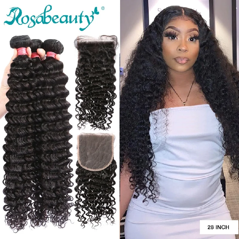 Rosabeauty 30 32 inch Deep Wave Bundles With Closure Peruvian Remy Human Hair Weaves Water Curly and 5X5 HD Lace Closure Frontal