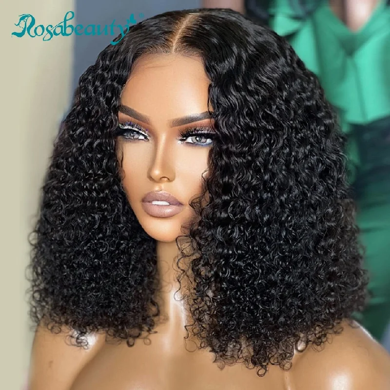 Rosabeauty Curly Short Bob Human Hair Wigs Lace Frontal 4x4 Closure Deep Wave Wig Glueless 13x1 T Part Brazilian Remy 180%