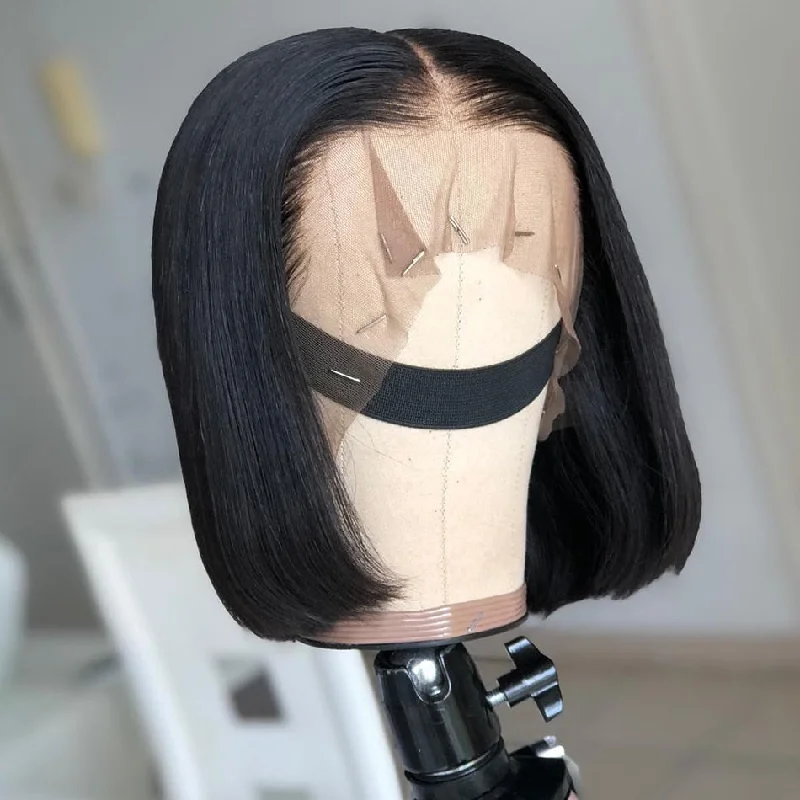 Rosabeauty Straight Short Bob Human Hair Wigs Lace Frontal 4x4 Closure  Wig Glueless 13x1 T Part Brazilian Remy 180%