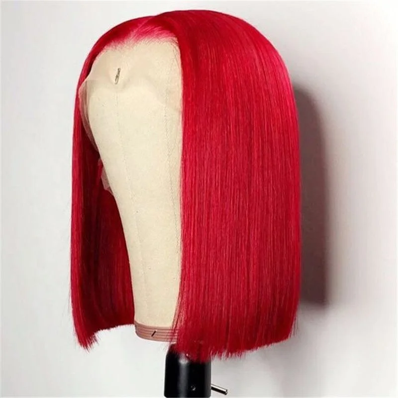 Short Bob Red Color Virgin Hair Silky Straight Human Hair 13*4 Lace Front Wig