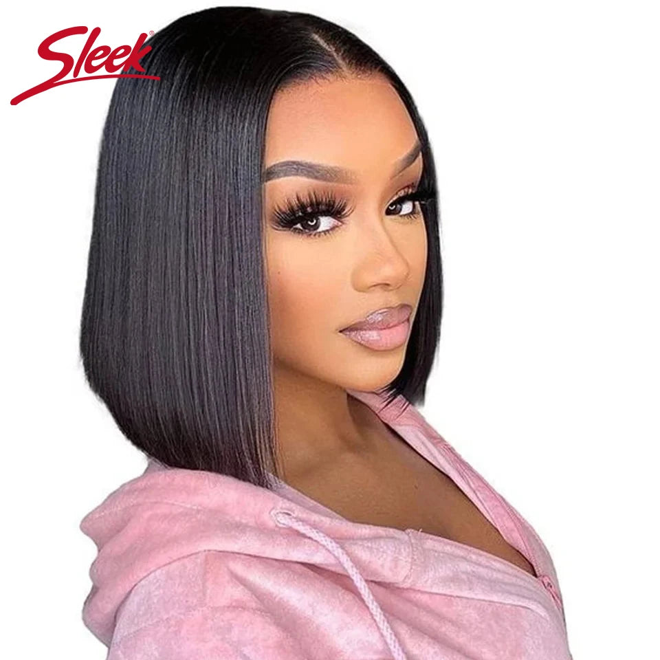 Sleek Remy Brazilian Straight Lace Bob Wigs Short Lace Part Human Hair Wigs 200% Density Cheap Nature Black Dark Human Hair Wigs