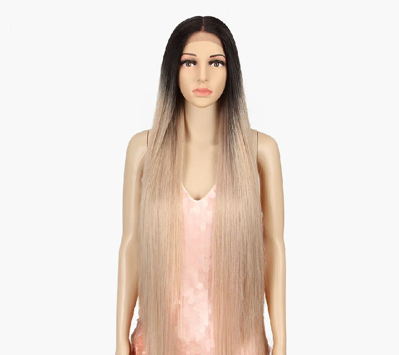 Sleek wholesale hot selling heat resistant Long straight Blonde Ombre Swiss Lace part Front Wig Synthetic hair Wig for women