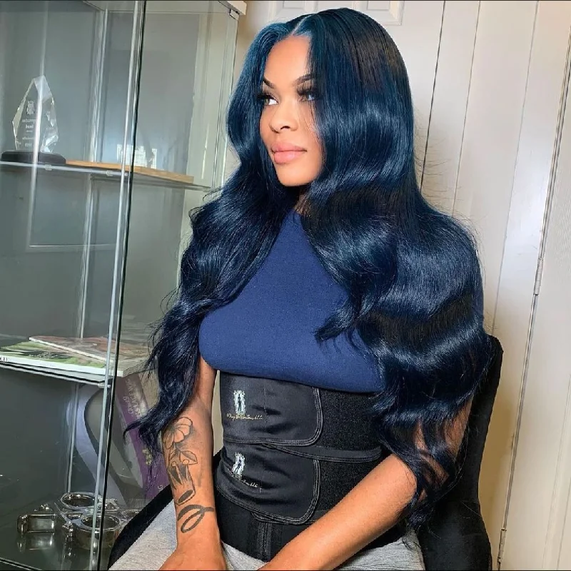 Transparent Dark Blue T Part Body Wave Wigs Pre Plucked 28 30 Inch Lace Front Human Hair Wigs Ombre Colored 13x4 Lace Front Wig