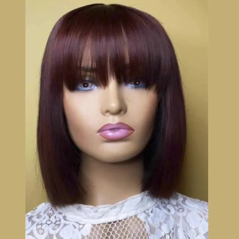 Wholesale Fringe Bob 5X5 Closure Wig 100% Human Hair 99J Burgundy Red Colored Short Hair Wigs With Bangs For Black Women