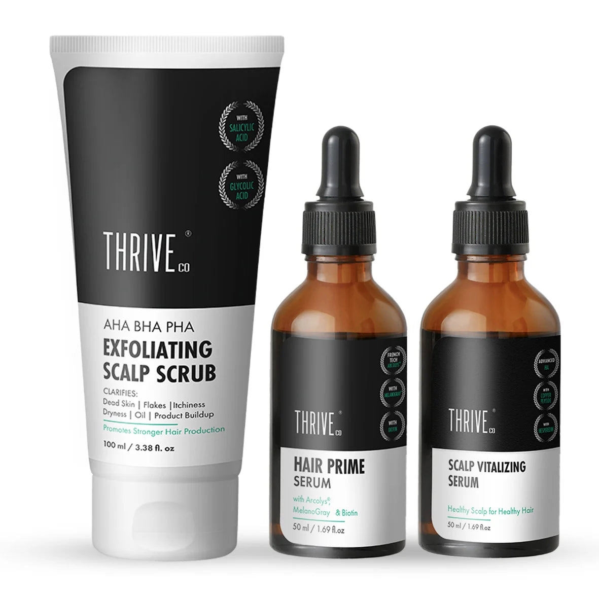 Hair Prime Serum (50ml) + ThriveCo Scalp Exfoliating Scrub (100ml) + ThriveCo Scalp Vitalizing Serum (50ml)