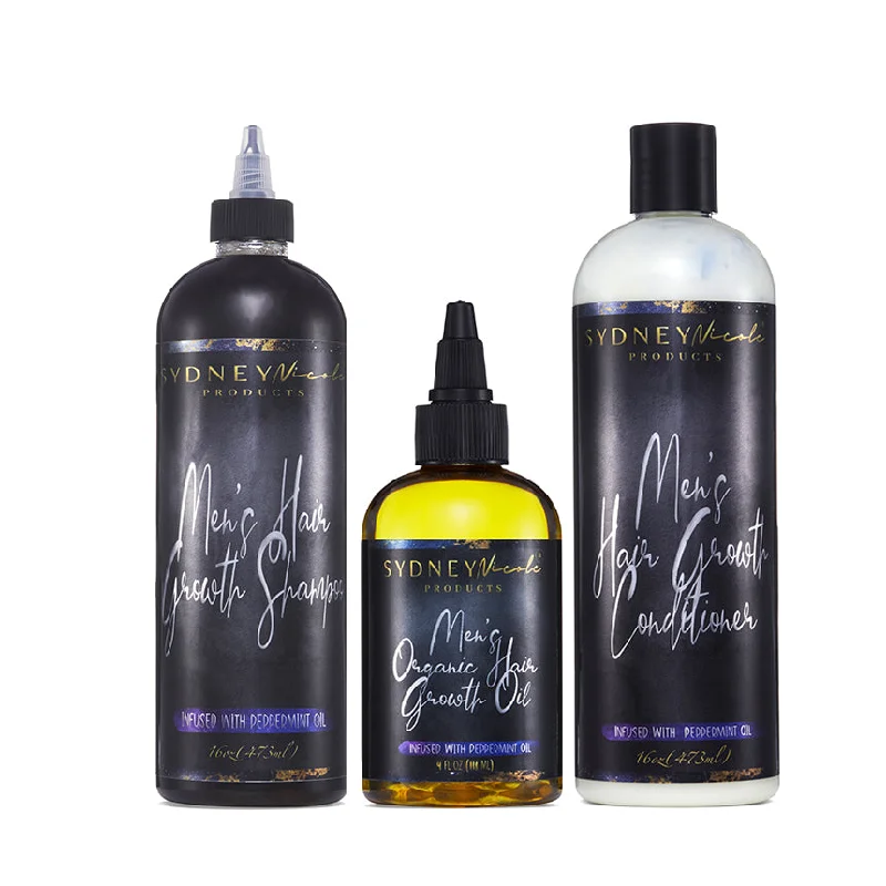 Men’s Trio: African Black Soap Hair Growth Shampoo, Hair Growth Conditioner, Organic Hair Growth Oil