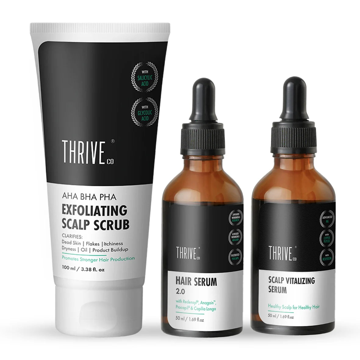 Hair Care Kit: ThriveCo Scalp Scrub (100ml) + Vitalizing Serum (50ml) + Hair Growth Serum (50ml)